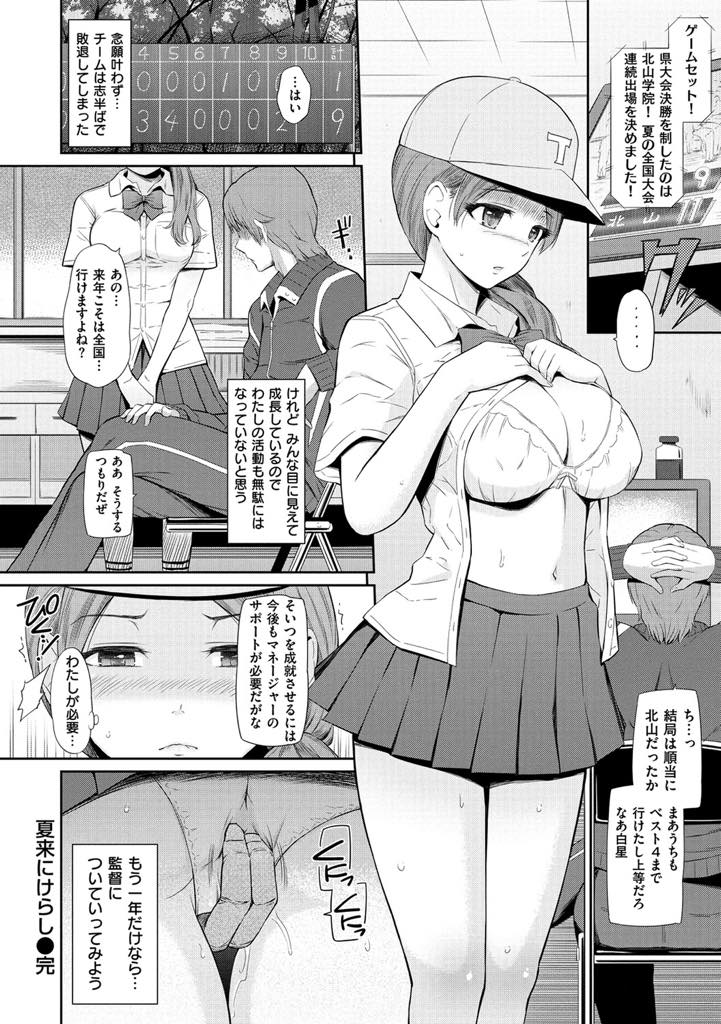 野球部のチームのために監督の命令に従う巨乳マネージャー...逆らったペナルティーに主将の性処理をし犯される姿に興奮した監督に抱かれ中出しセックス【ひっさつくん:夏来にけらし】