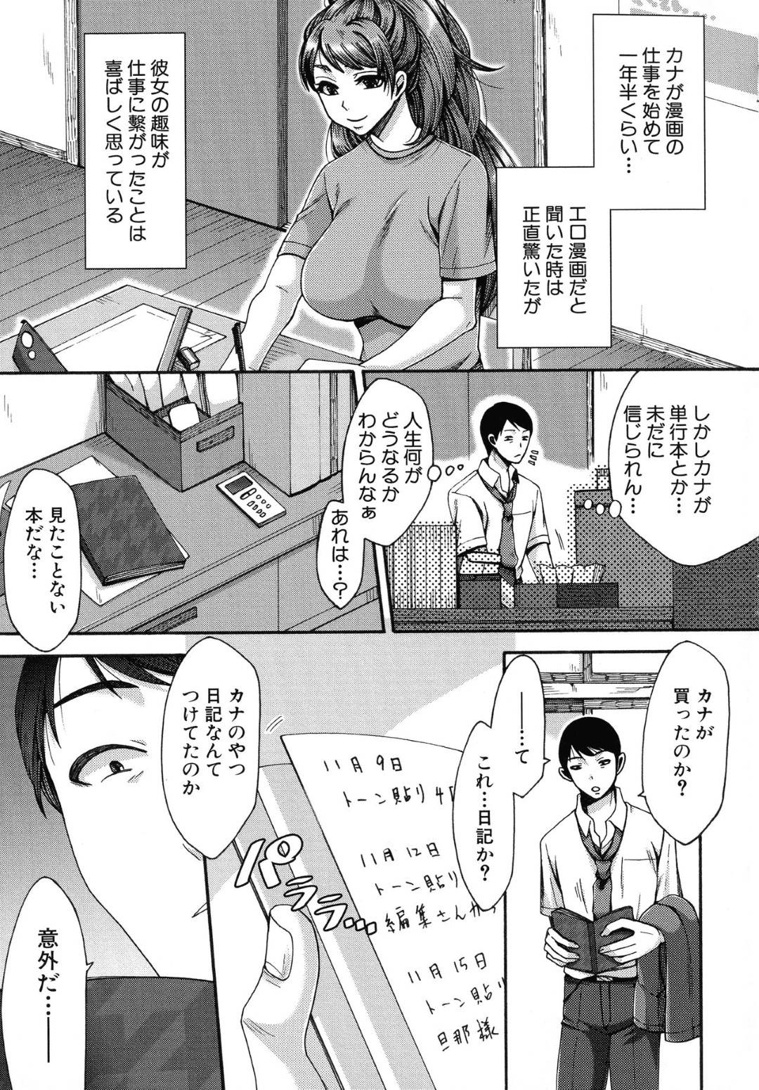 エロ漫画を描いて家系の手助けをするカナ。旦那思いの優しい妻だが、旦那は家で見た事のない本があるのに気が付き中身を見ると...そこには妻と編集の男の行為の内容が書かれていた！編集の男のちんこで何度も昇天！仕事の為と割り切りセックス【月白沙耶：秘密】