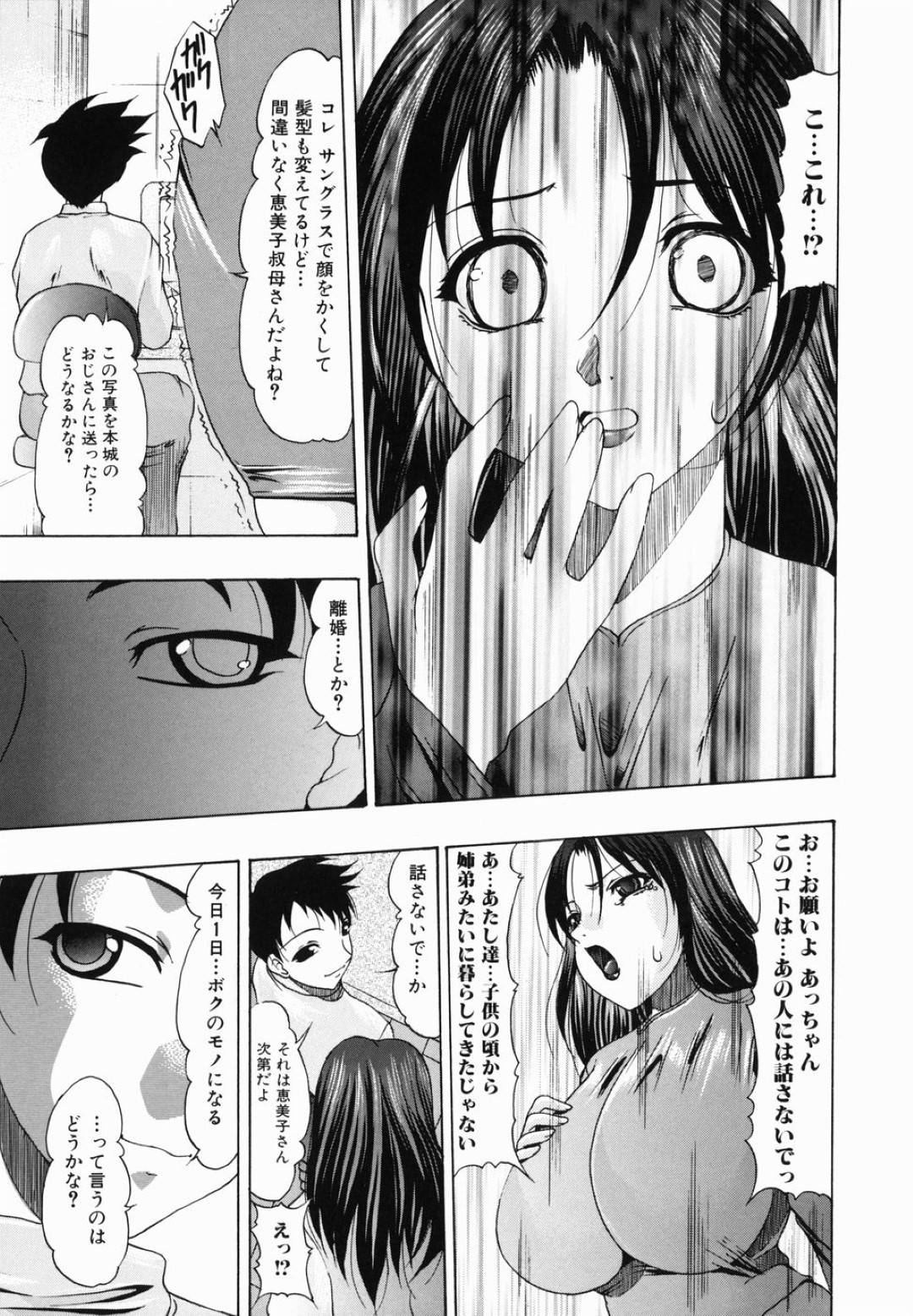 変態な甥っ子に不倫現場を盗撮されて脅され、爆乳を揉みしだかれるむっちり美熟女叔母…ノーブラノーパンで際どい服を着せられて街を歩かされたあと、トイレで激しく犯され、生ハメ中出しおねショタ調教レイプで寝取られ痴女奴隷堕ち【水月林太郎：熟れ乳】